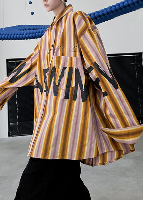 Yellow Cotton High Size Design Striped Letter Plus Men Low Shirt