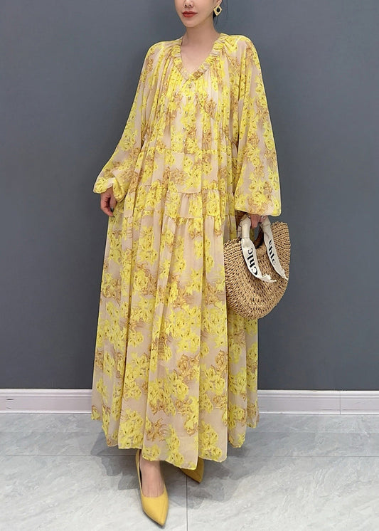 Plus Size Yellow V Neck Ruffled Print Chiffon Long Dresses Fall AY1015