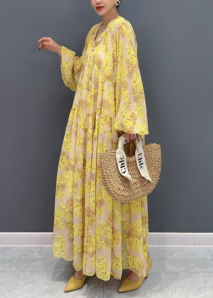 Robe longue en mousseline de soie jaune à volants et col en V grande taille Automne AY1015