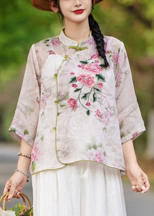 Purple Bracelet Button Print Stand Sleeve Blouses Collar Linen