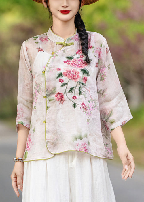 Purple Bracelet Button Print Stand Sleeve Blouses Collar Linen