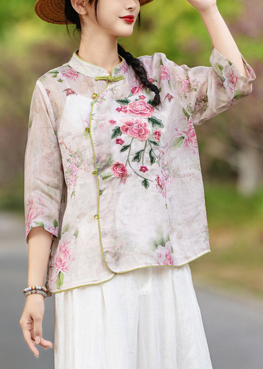 Purple Bracelet Button Print Stand Sleeve Blouses Collar Linen