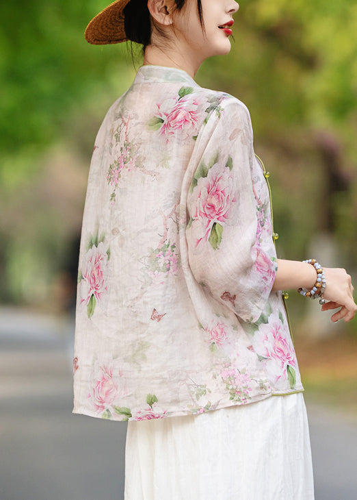 Purple Bracelet Button Print Stand Sleeve Blouses Collar Linen
