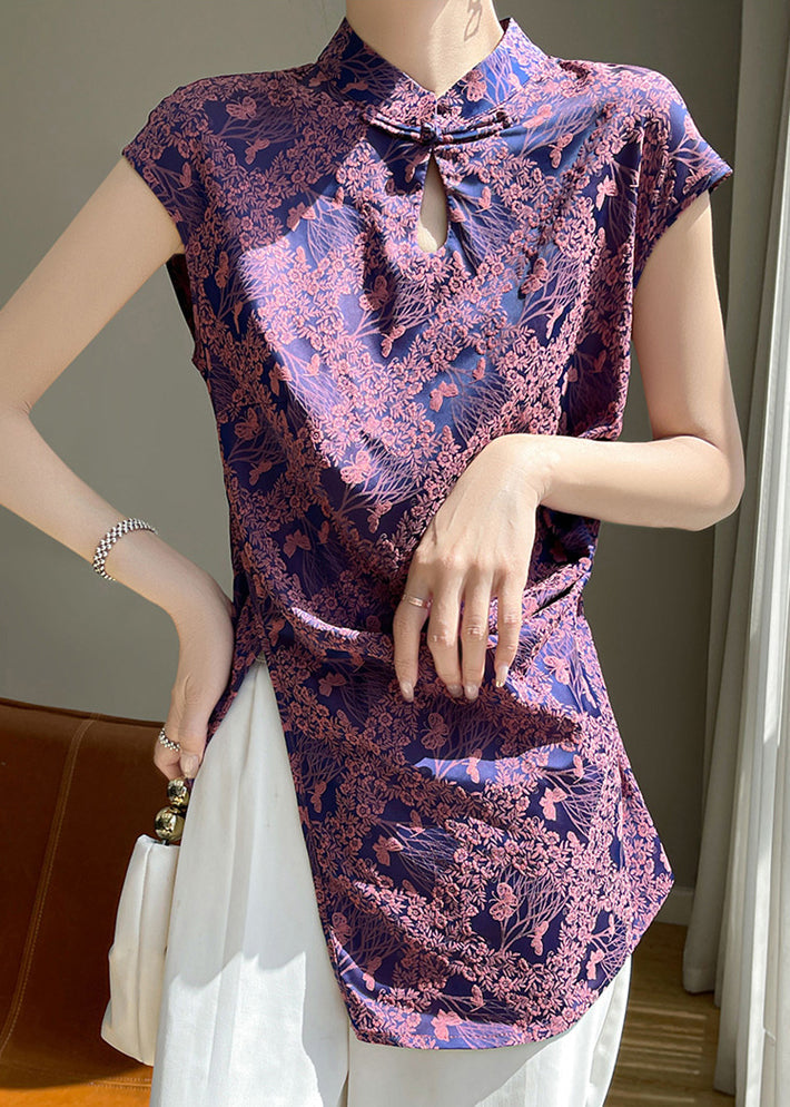 Purple Button Print Silk Blouses Stand Collar Short Sleeve AB1006