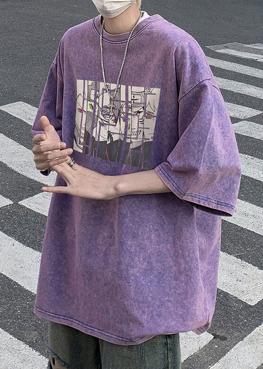 Cotton Sleeve Shirts T Mens Print O Half Neck Cartoon Purple