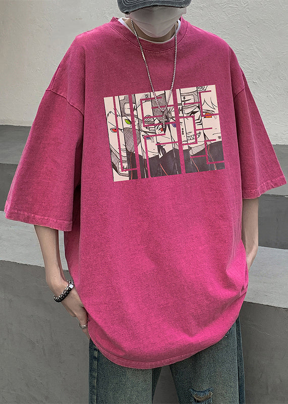 Cotton Sleeve Shirts T Mens Print O Half Neck Cartoon Purple