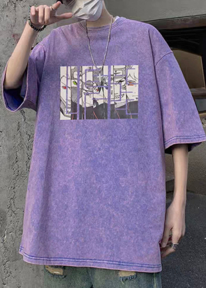 Cotton Sleeve Shirts T Mens Print O Half Neck Cartoon Purple