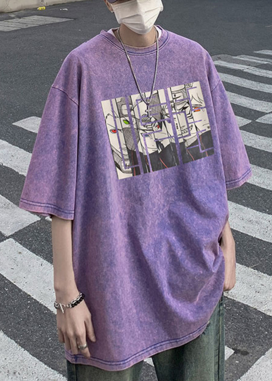 Cotton Sleeve Shirts T Mens Print O Half Neck Cartoon Purple