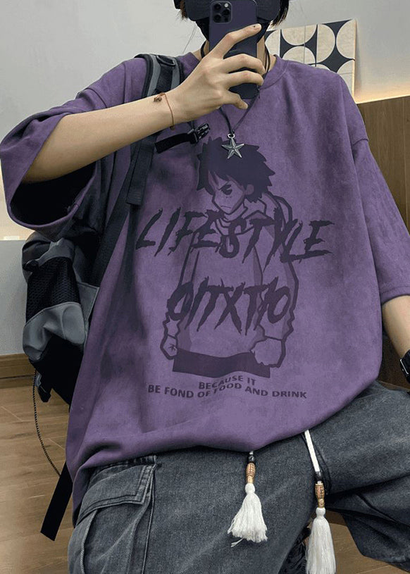 Purple Suede Half Print Sleeve Faux Cartoon Men's O Neck Shirts T