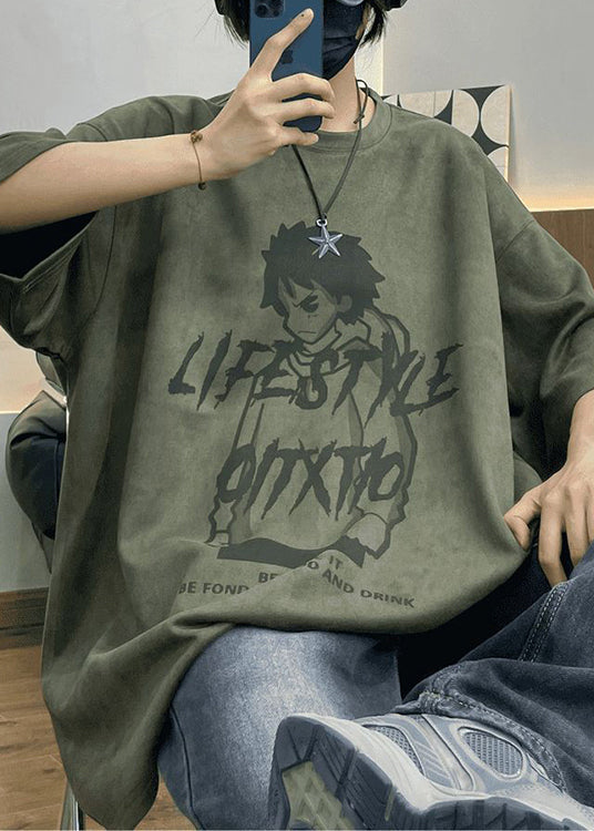 Purple Suede Half Print Sleeve Faux Cartoon Men's O Neck Shirts T