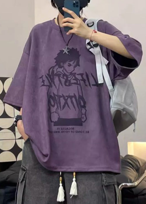 Purple Suede Half Print Sleeve Faux Cartoon Men's O Neck Shirts T