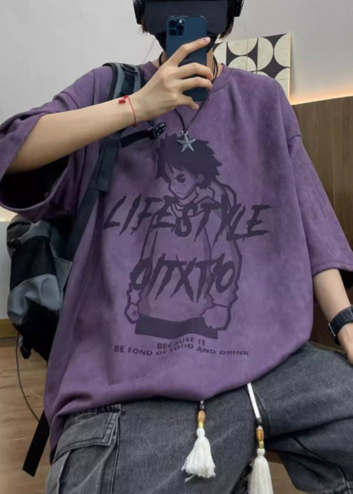 Purple Suede Half Print Sleeve Faux Cartoon Men's O Neck Shirts T