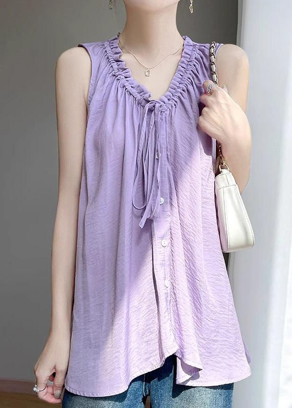 Up Lace Summer Solid Purple Blouses Cotton Ruffled