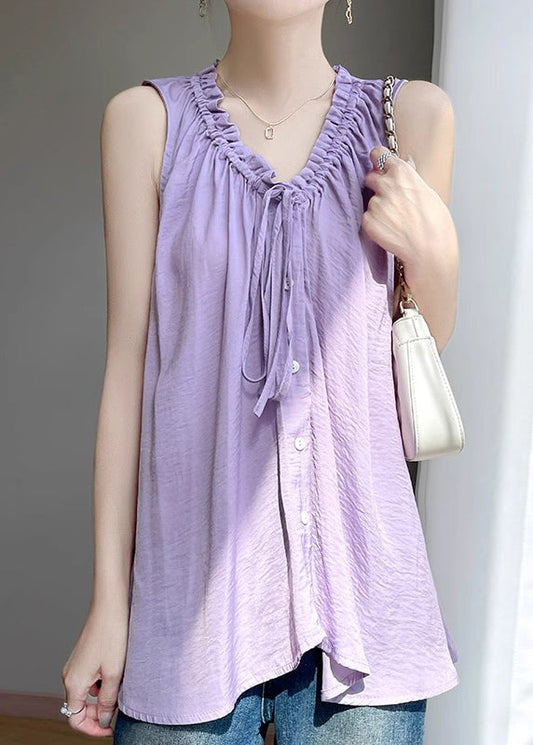 Up Lace Summer Solid Purple Blouses Cotton Ruffled
