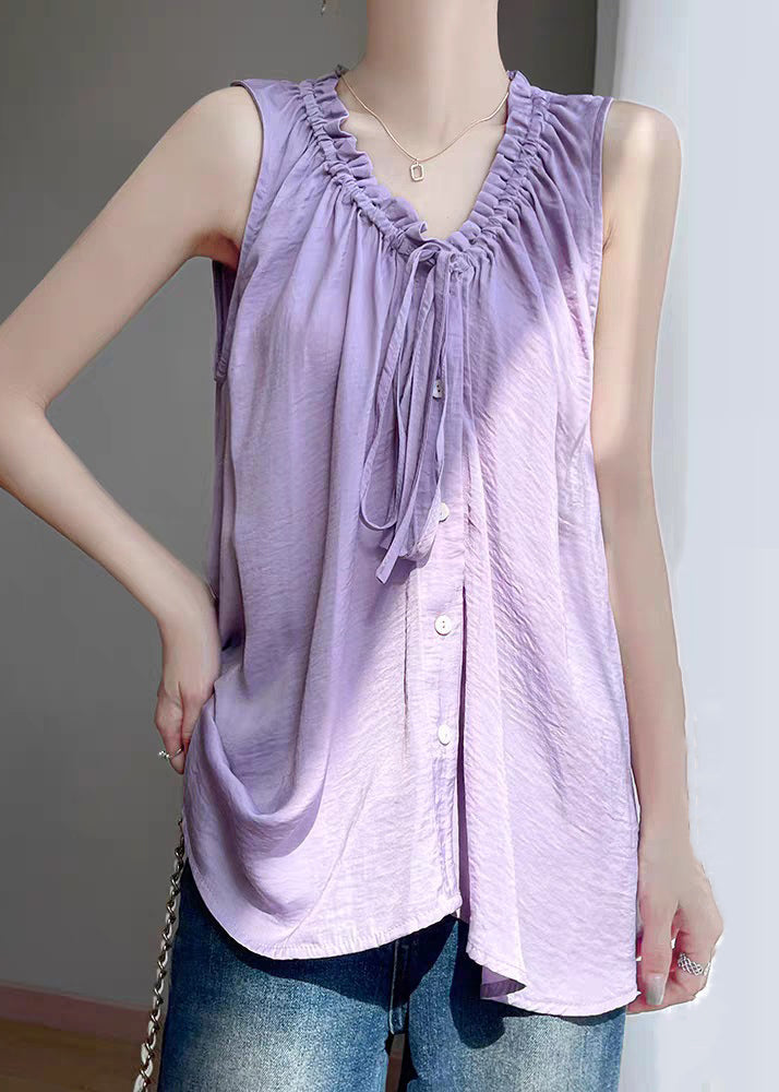 Up Lace Summer Solid Purple Blouses Cotton Ruffled