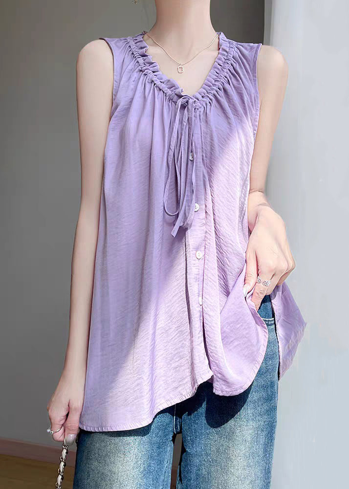 Up Lace Summer Solid Purple Blouses Cotton Ruffled