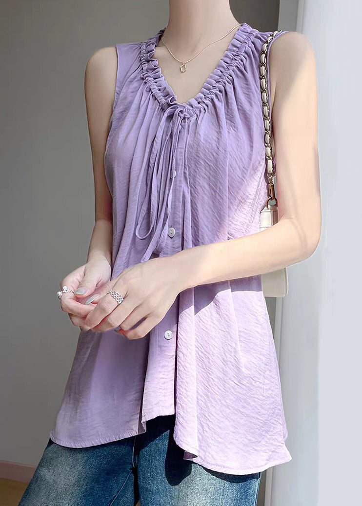 Up Lace Summer Solid Purple Blouses Cotton Ruffled