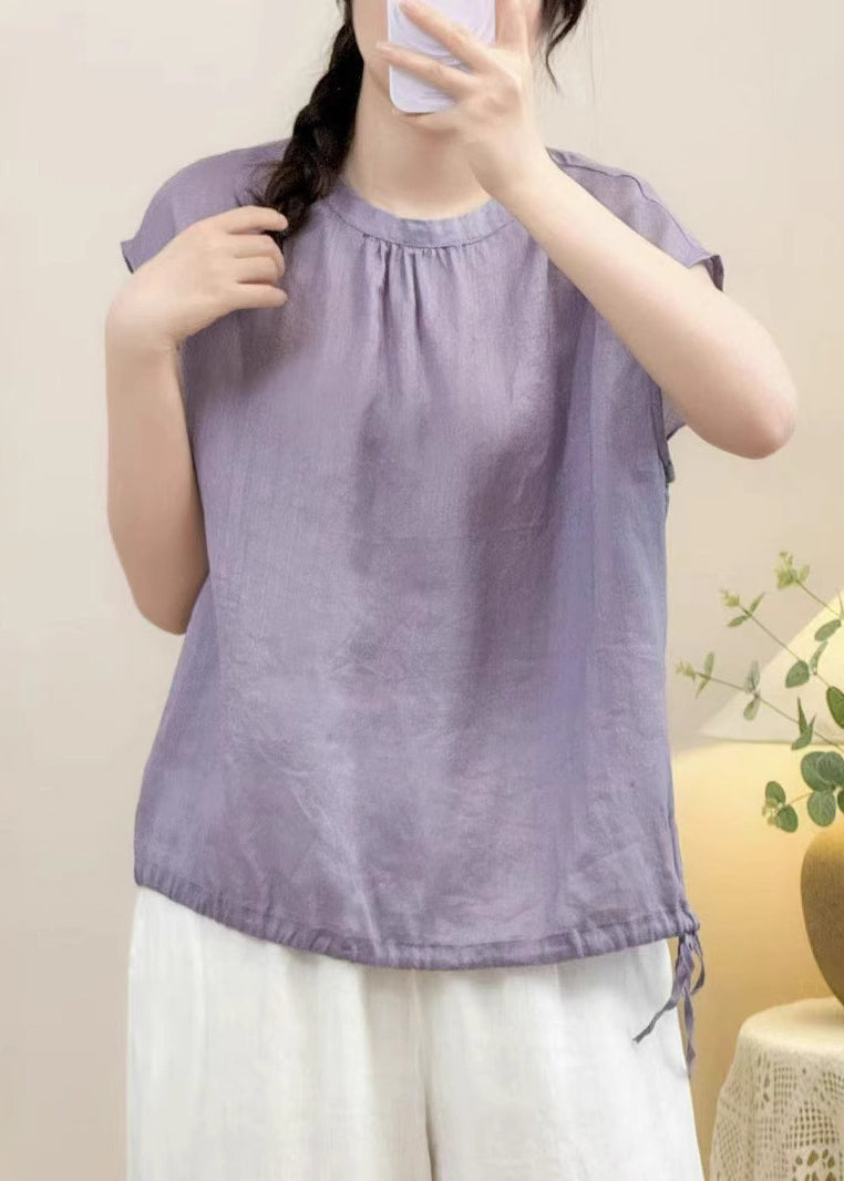 Lace Purple Linen Up O Solid Neck Summer Shirts