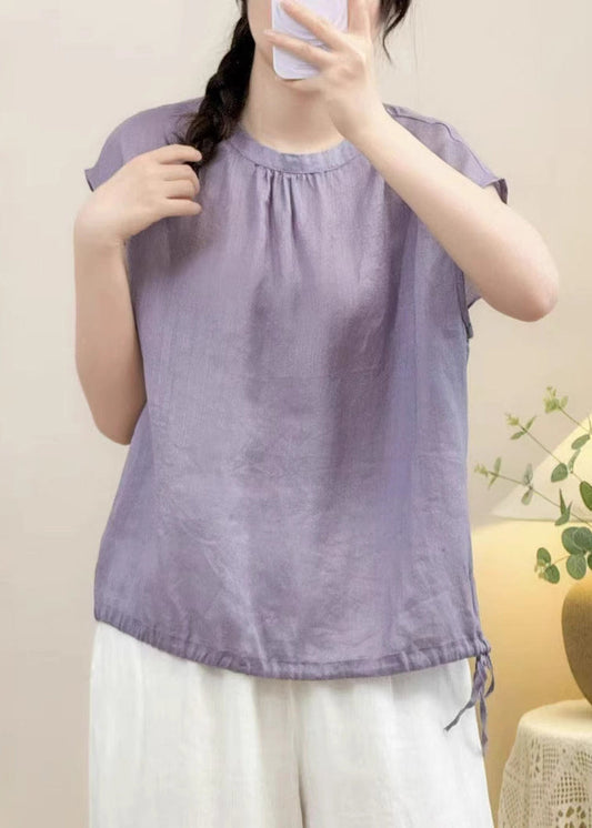 Lace Purple Linen Up O Solid Neck Summer Shirts
