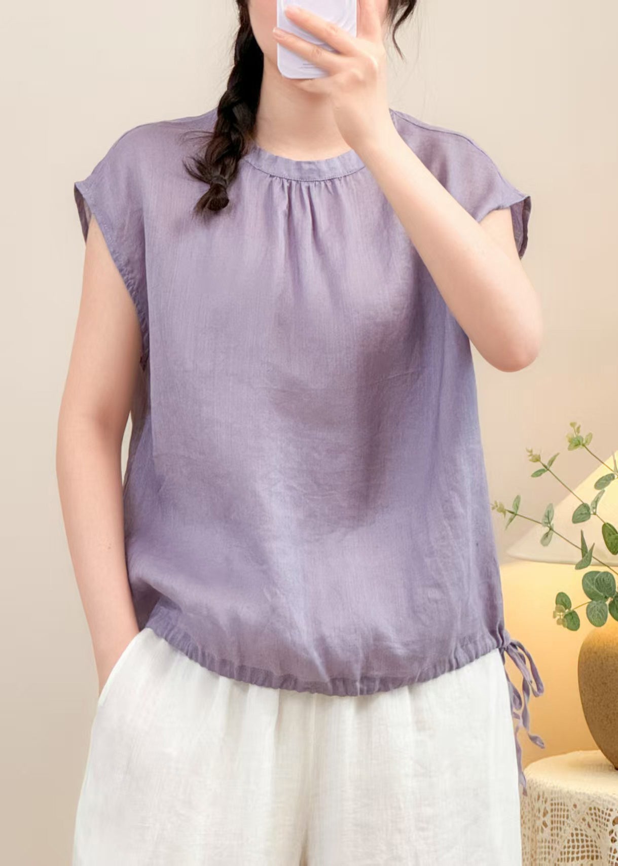 Lace Purple Linen Up O Solid Neck Summer Shirts