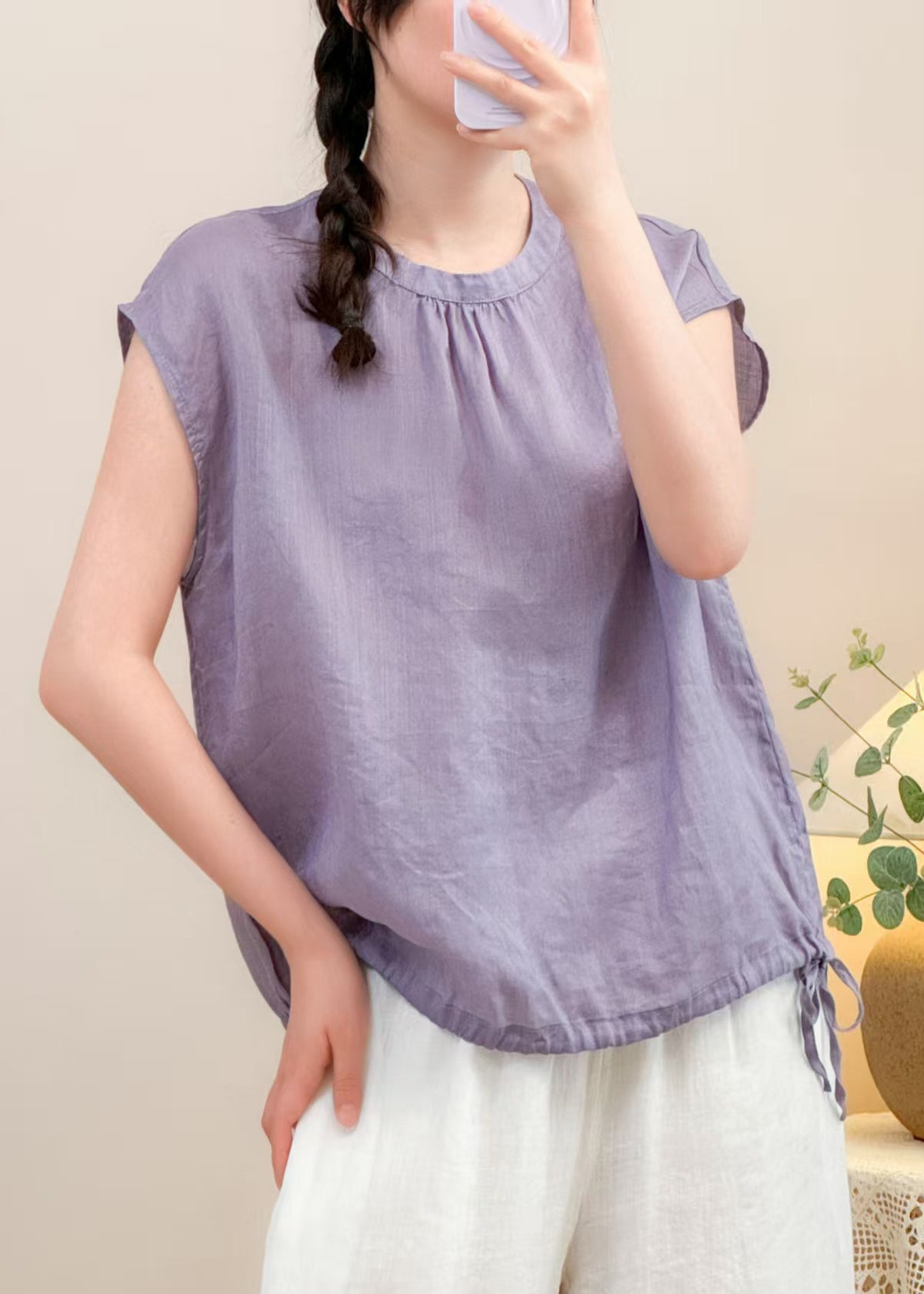 Lace Purple Linen Up O Solid Neck Summer Shirts