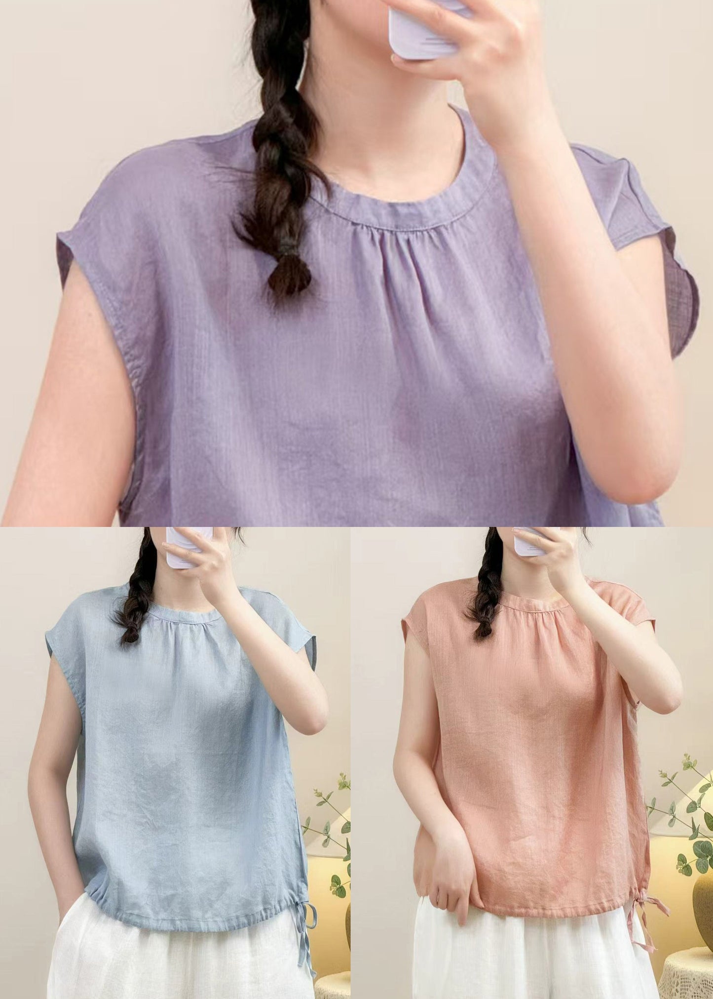 Lace Purple Linen Up O Solid Neck Summer Shirts