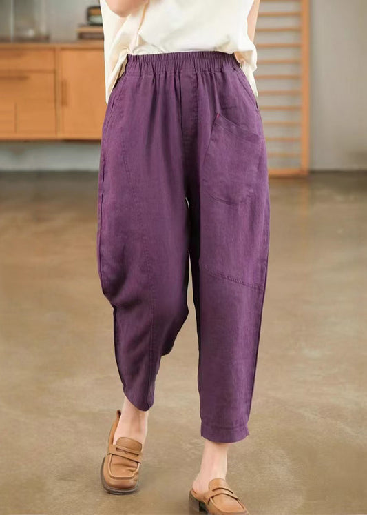 Pockets Waist Cotton Purple Elastic Summer Pants Harem