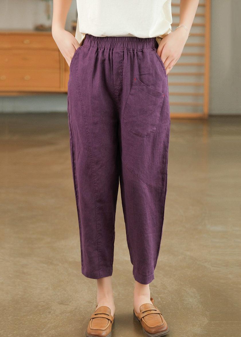 Pockets Waist Cotton Purple Elastic Summer Pants Harem