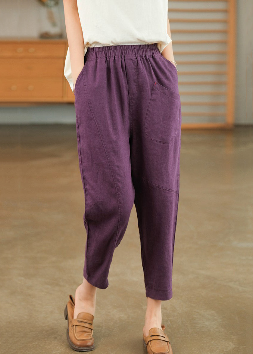 Pockets Waist Cotton Purple Elastic Summer Pants Harem