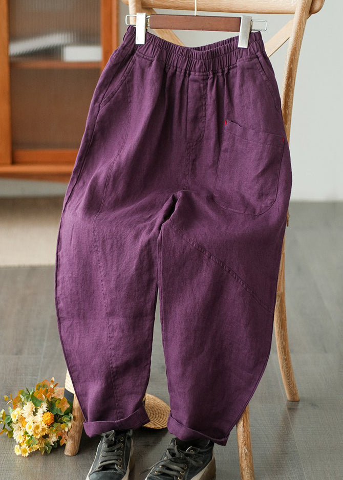 Pockets Waist Cotton Purple Elastic Summer Pants Harem