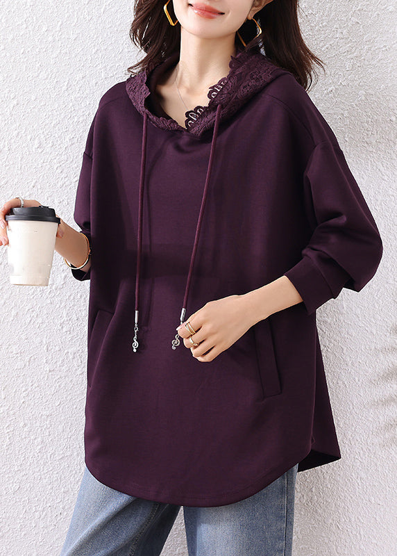 Cotton Pockets Hooded Fall Purple Sweatshirts Solid