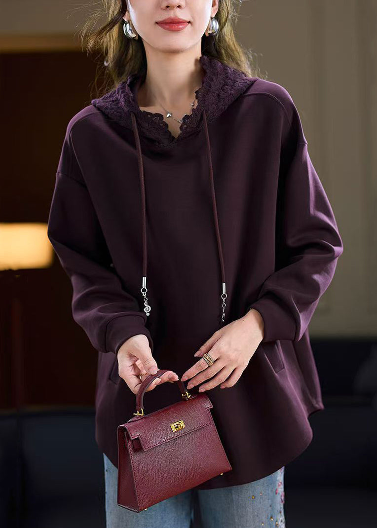 Cotton Pockets Hooded Fall Purple Sweatshirts Solid