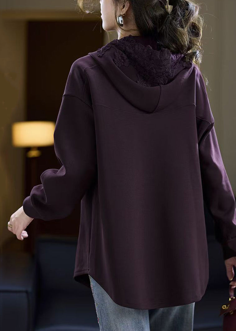 Cotton Pockets Hooded Fall Purple Sweatshirts Solid