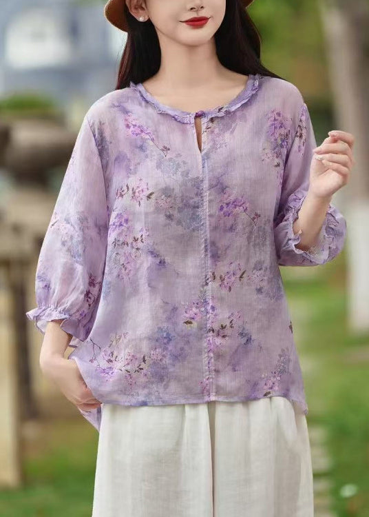 Purple Butterfly Ruffled Print Button Shirt Linen Sleeve