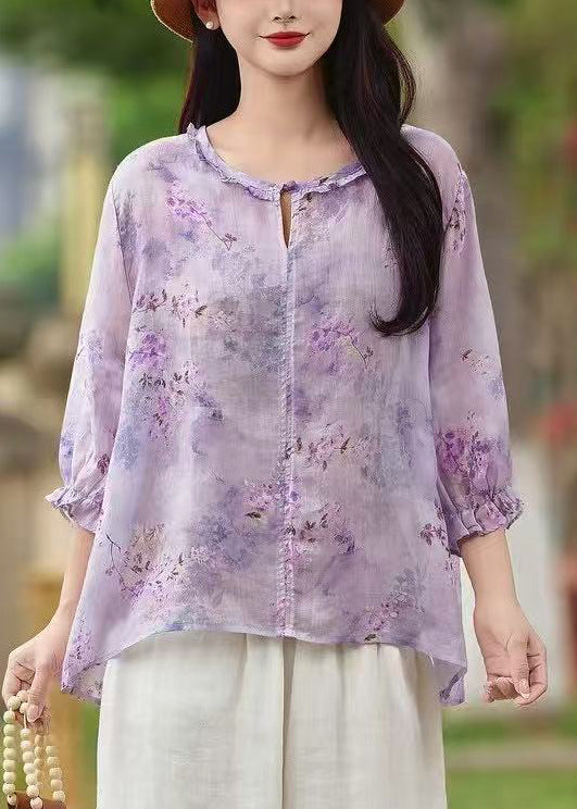 Purple Butterfly Ruffled Print Button Shirt Linen Sleeve