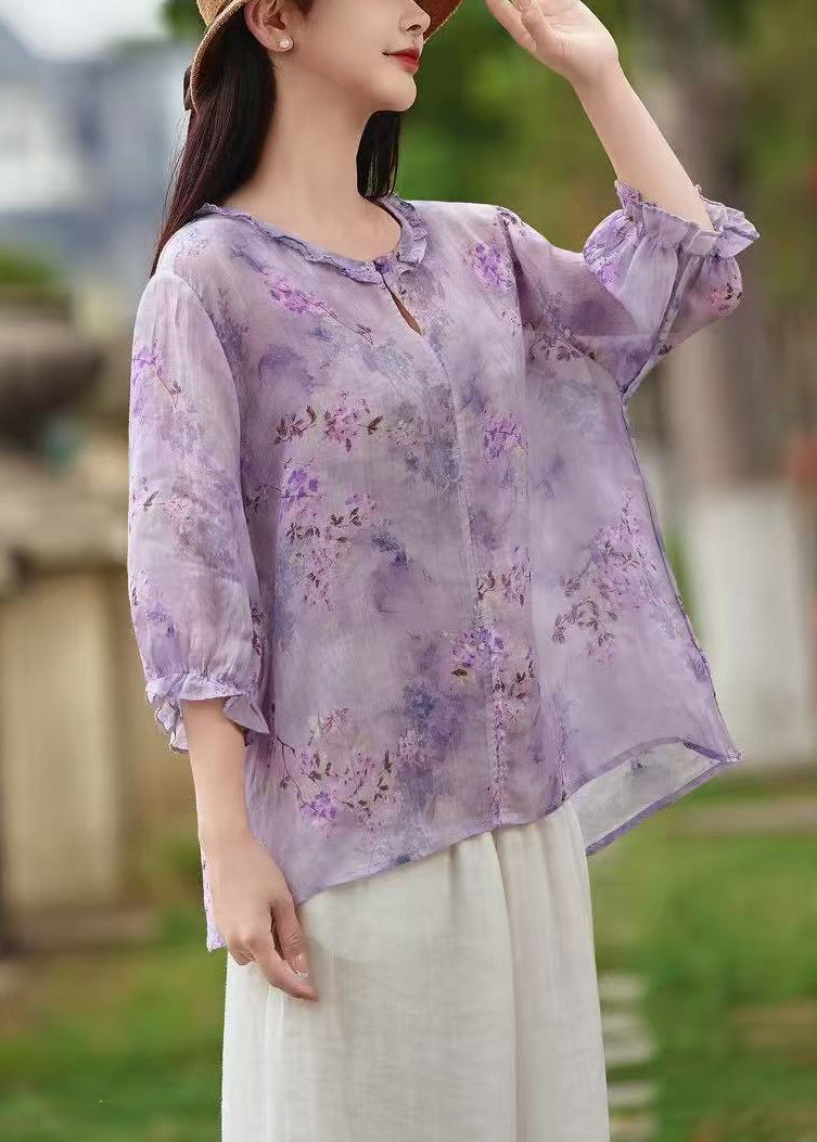 Purple Butterfly Ruffled Print Button Shirt Linen Sleeve