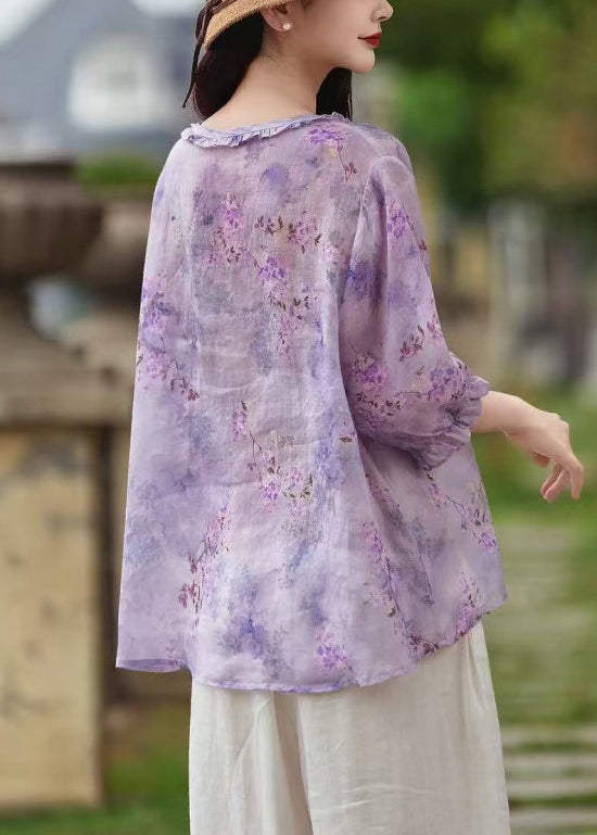 Purple Butterfly Ruffled Print Button Shirt Linen Sleeve