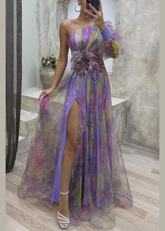 Shoulder Open One Chiffon Print Purple Dress Summer Side