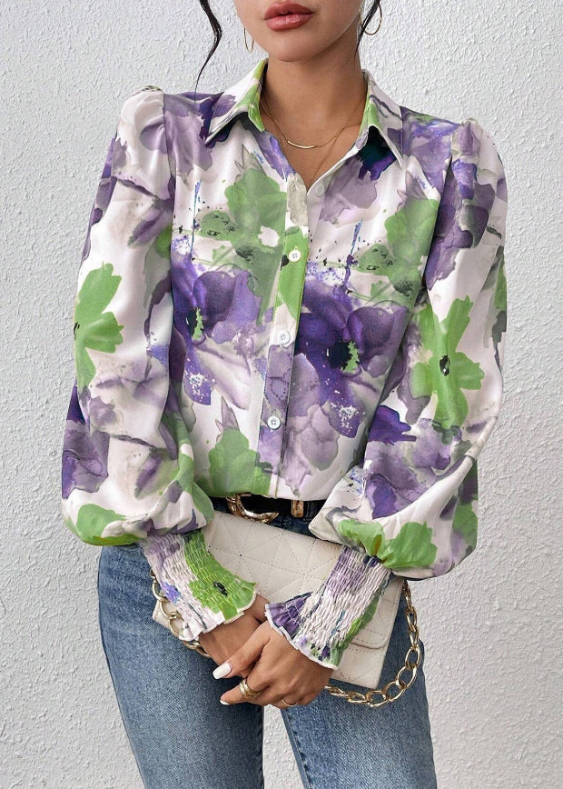 Pan Print Blouse Purple Spring Peter Collar Cotton