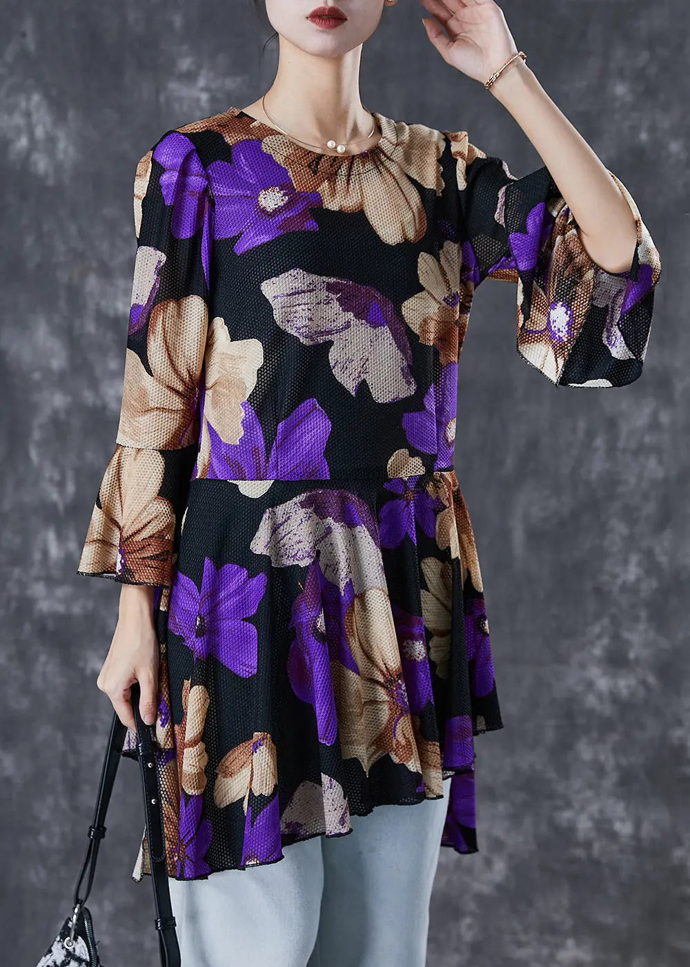 Purple Print Tulle Blouse Tops Exra Large Hem Flare Sleeve Ada Fashion