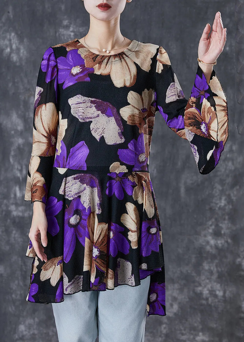 Purple Print Tulle Blouse Tops Exra Large Hem Flare Sleeve Ada Fashion