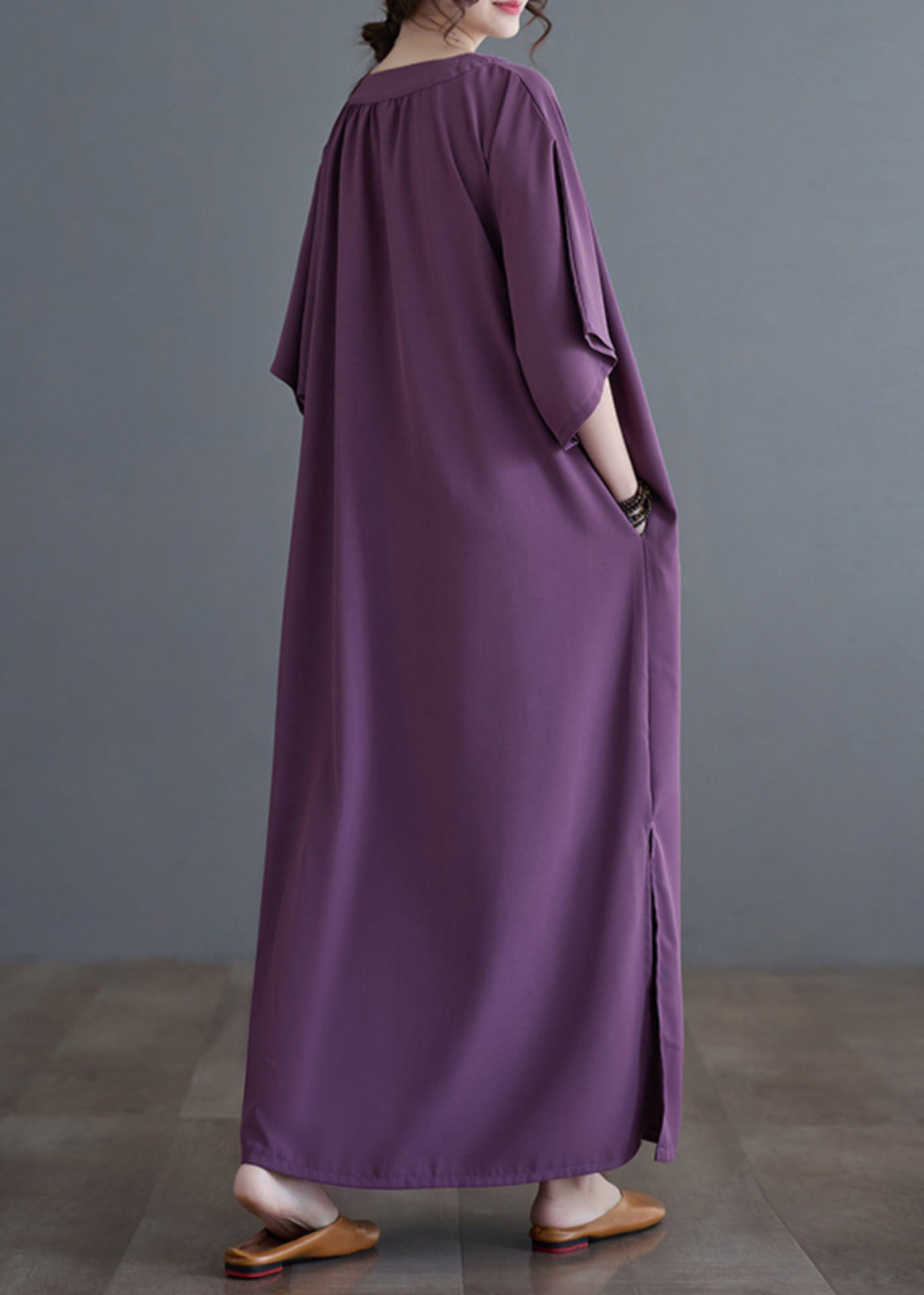 Purple Side Open Long Dresses Short Sleeve GH1055