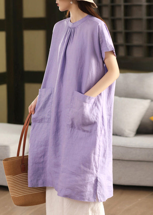 Purple Open Side Linen Dress Neck O Solid