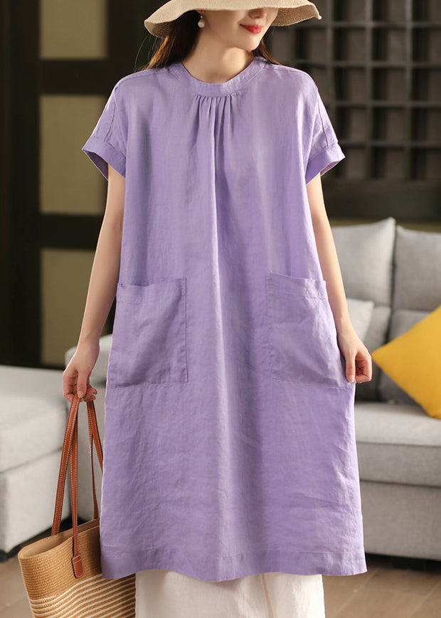 Purple Open Side Linen Dress Neck O Solid