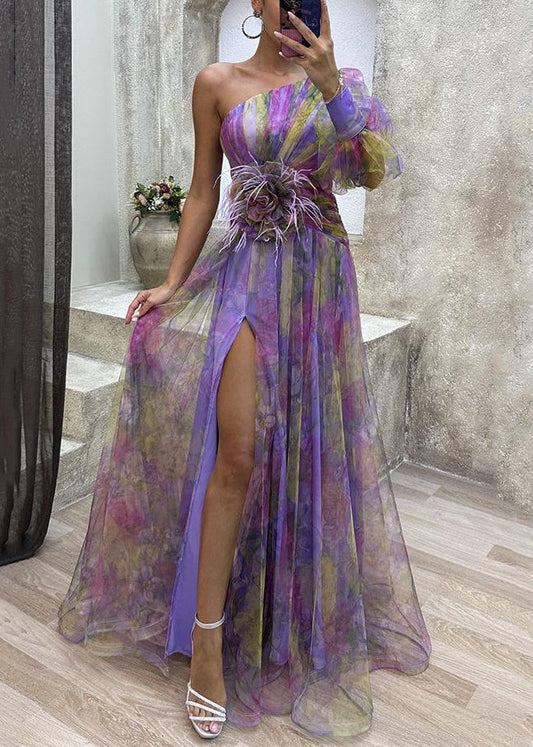 Robe longue en tulle violet à ouverture latérale asymétrique pour l'été WW1033