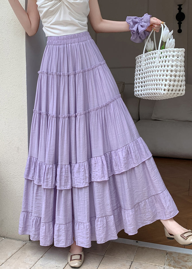 Patchwork Cotton Skirts Solid Maxi Ruffled Purple Summer