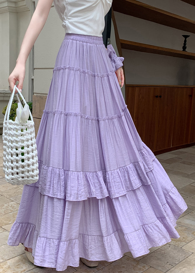 Patchwork Cotton Skirts Solid Maxi Ruffled Purple Summer