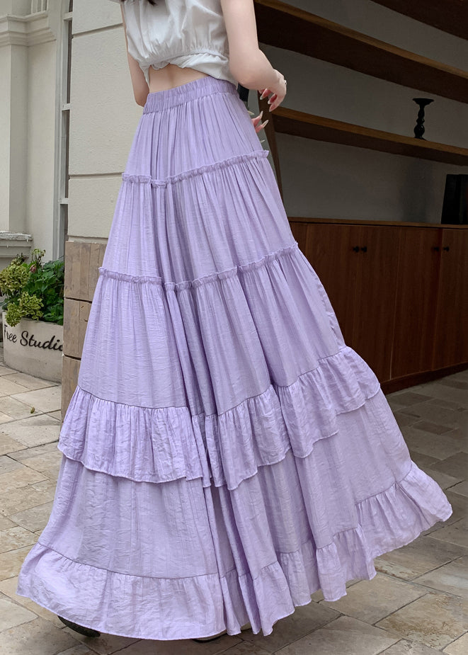 Patchwork Cotton Skirts Solid Maxi Ruffled Purple Summer