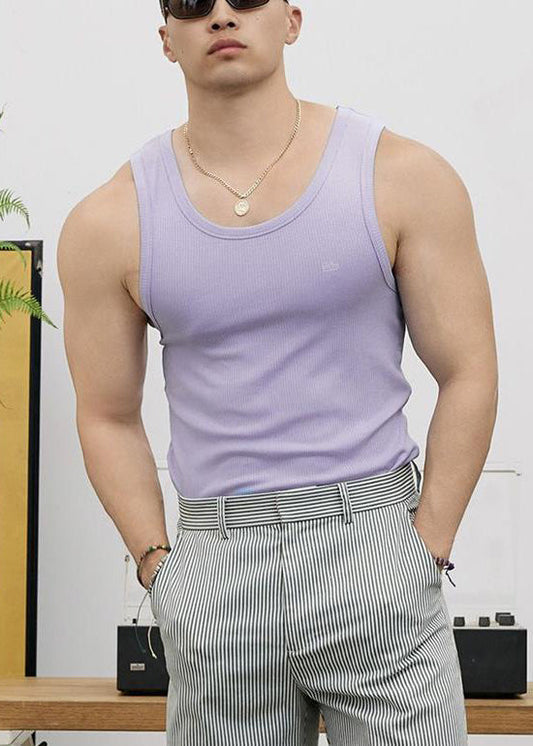 Tank Slim O Men Neck Cotton Purple Fit Sleeveless Solid
