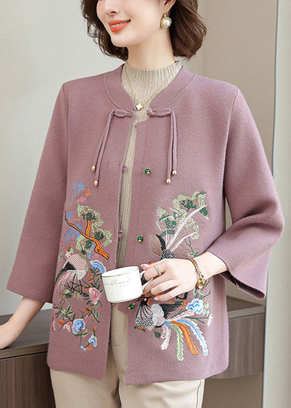 Purple Wool Knit Cardigan Embroidered Floral Long Sleeve TA025